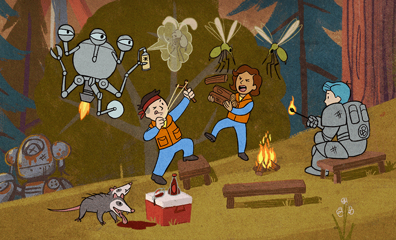 Cartoon Dwellers fight off large insects in the wasteland wilderness.
